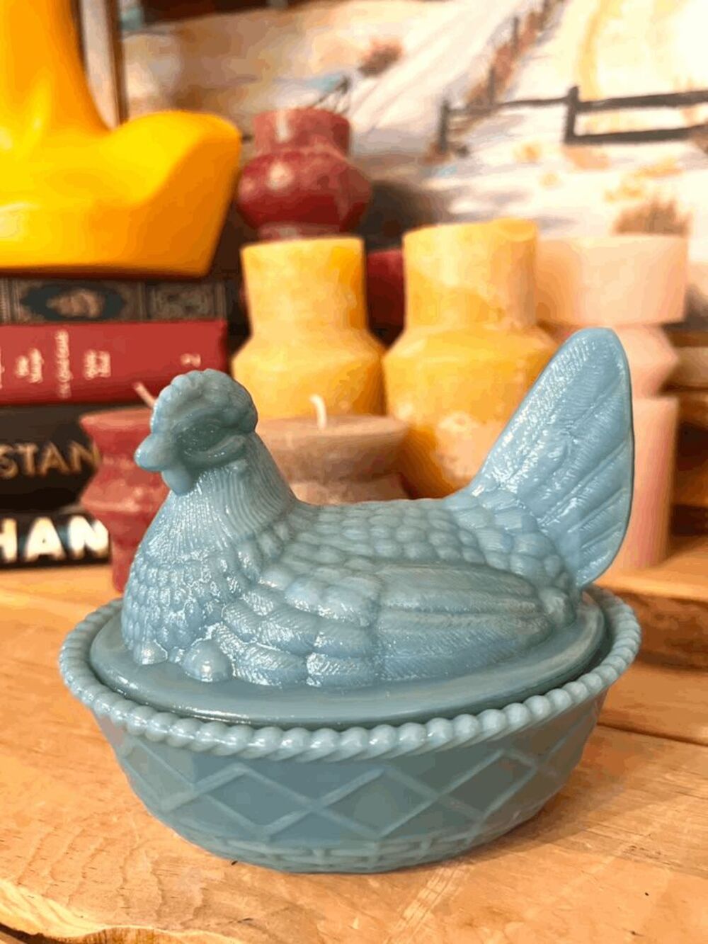 Mosser Glass Georgia Blue Hen on Nest Westmoreland Mold Rosso Exclusive 5" Dish